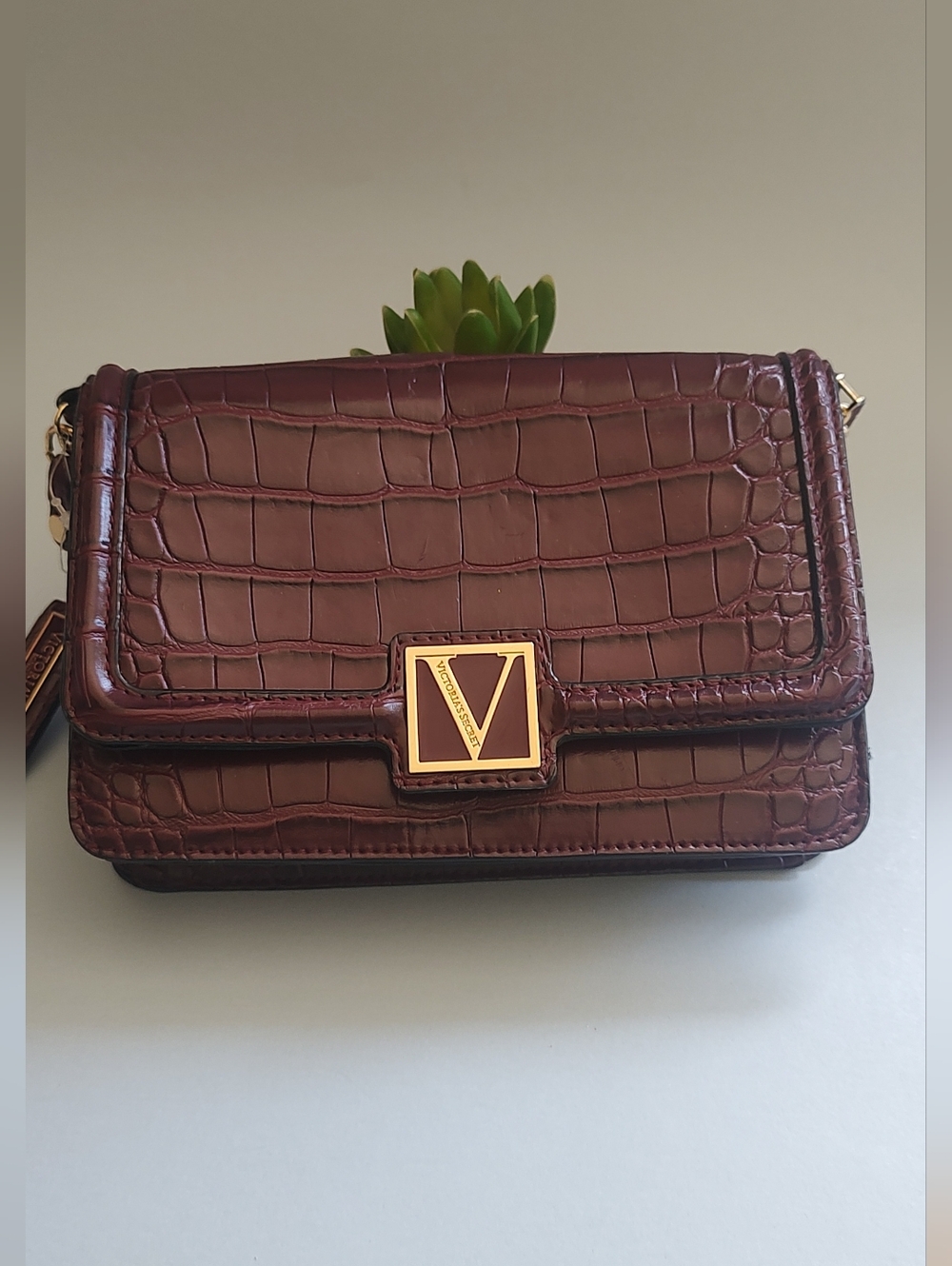 Victoria Secret V-Buckle Croc-Embossed Shoulder Bag in Burgundy